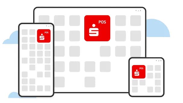 Darstellung von Smartphone, Tablet und kleinem Gerät mit App-Übersicht. Auf allen Geräten ist das rote Symbol der Sparkassen POS-App mit weißem Sparkassen-Logo und der Aufschrift ‚POS‘ zu sehen.