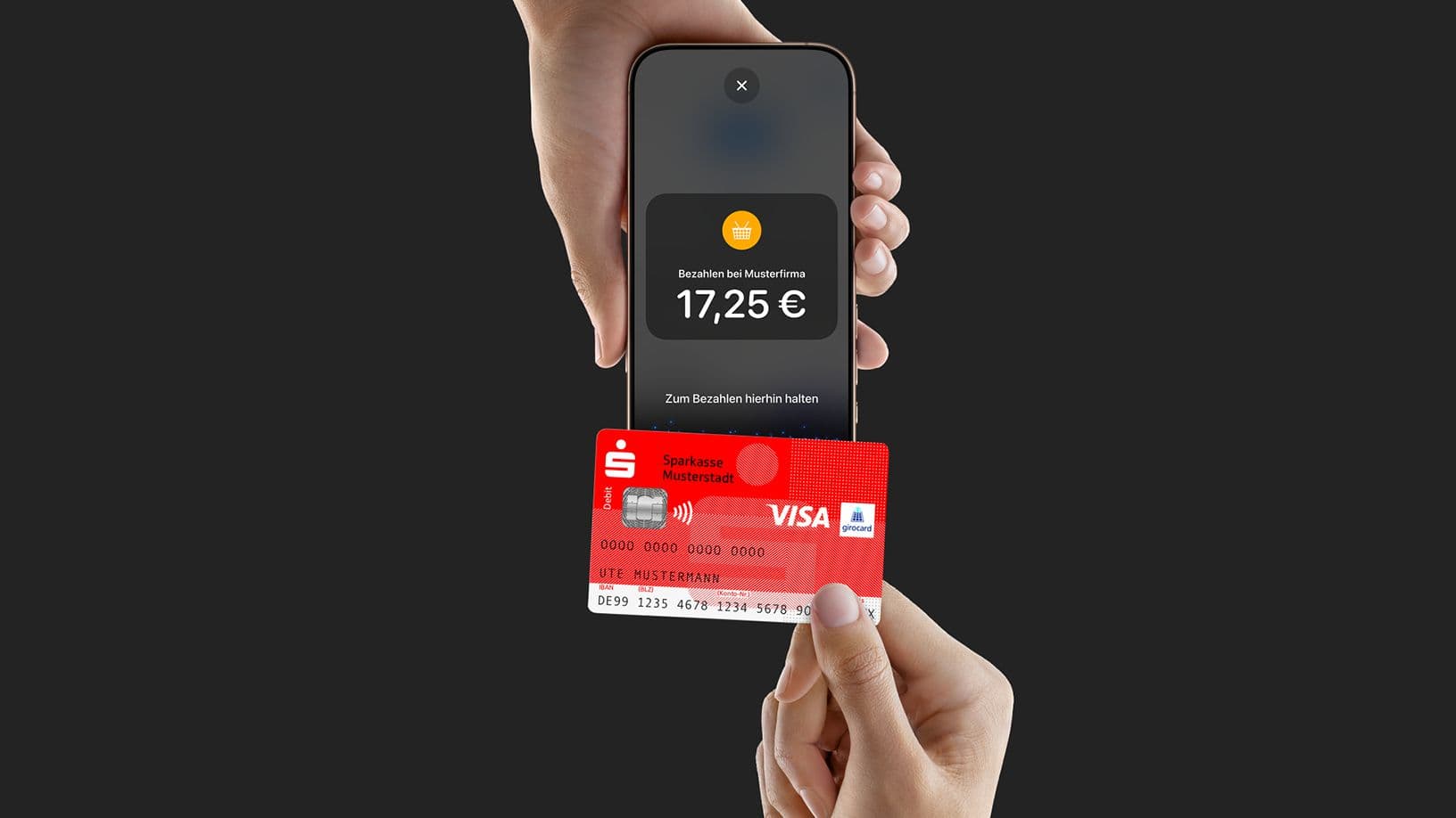 Kontaktloses Bezahlen mit einer Sparkassen-Kreditkarte an einem iPhone