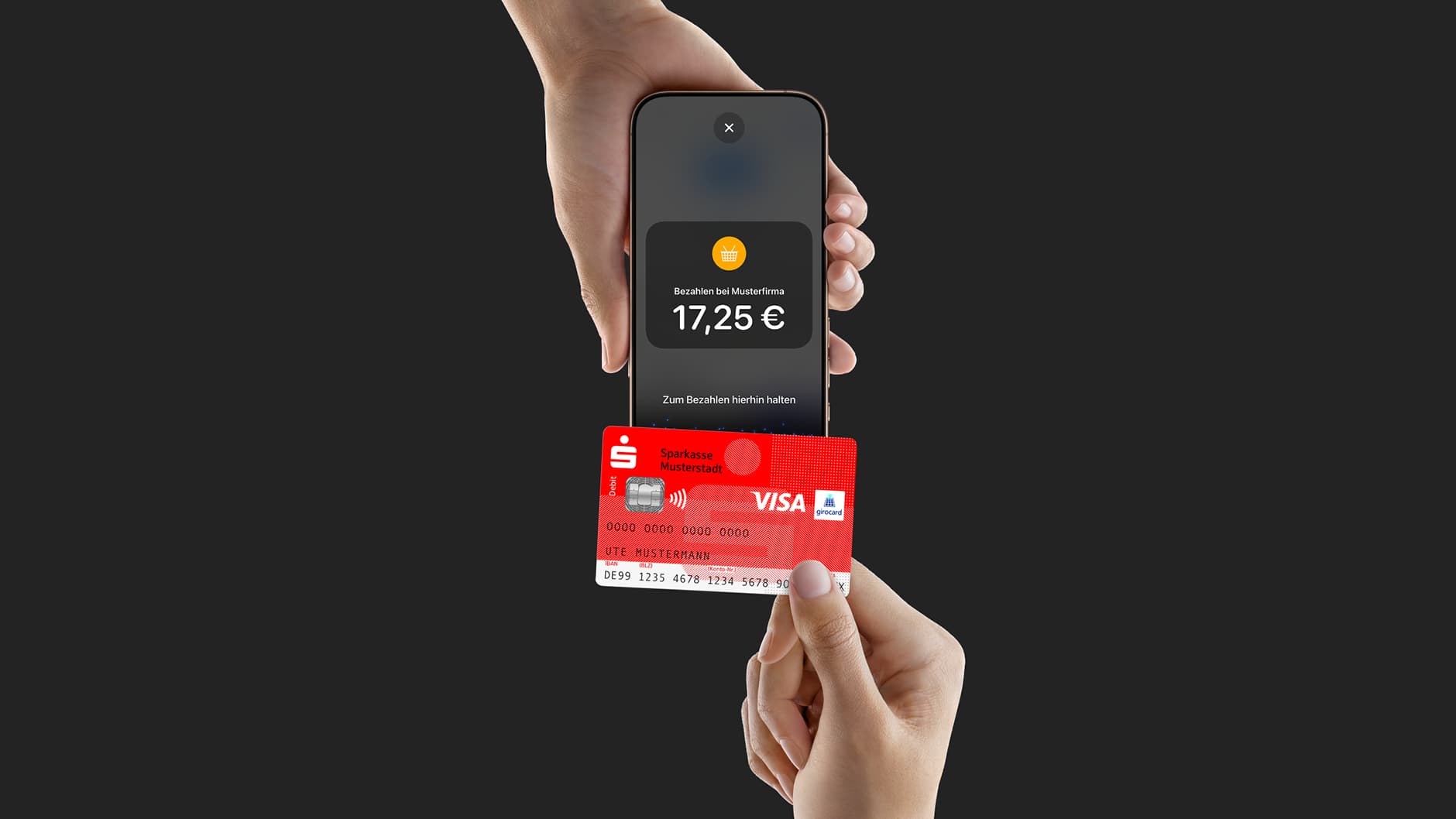 Kontaktloses Bezahlen mit einer Sparkassen-Kreditkarte an einem iPhone