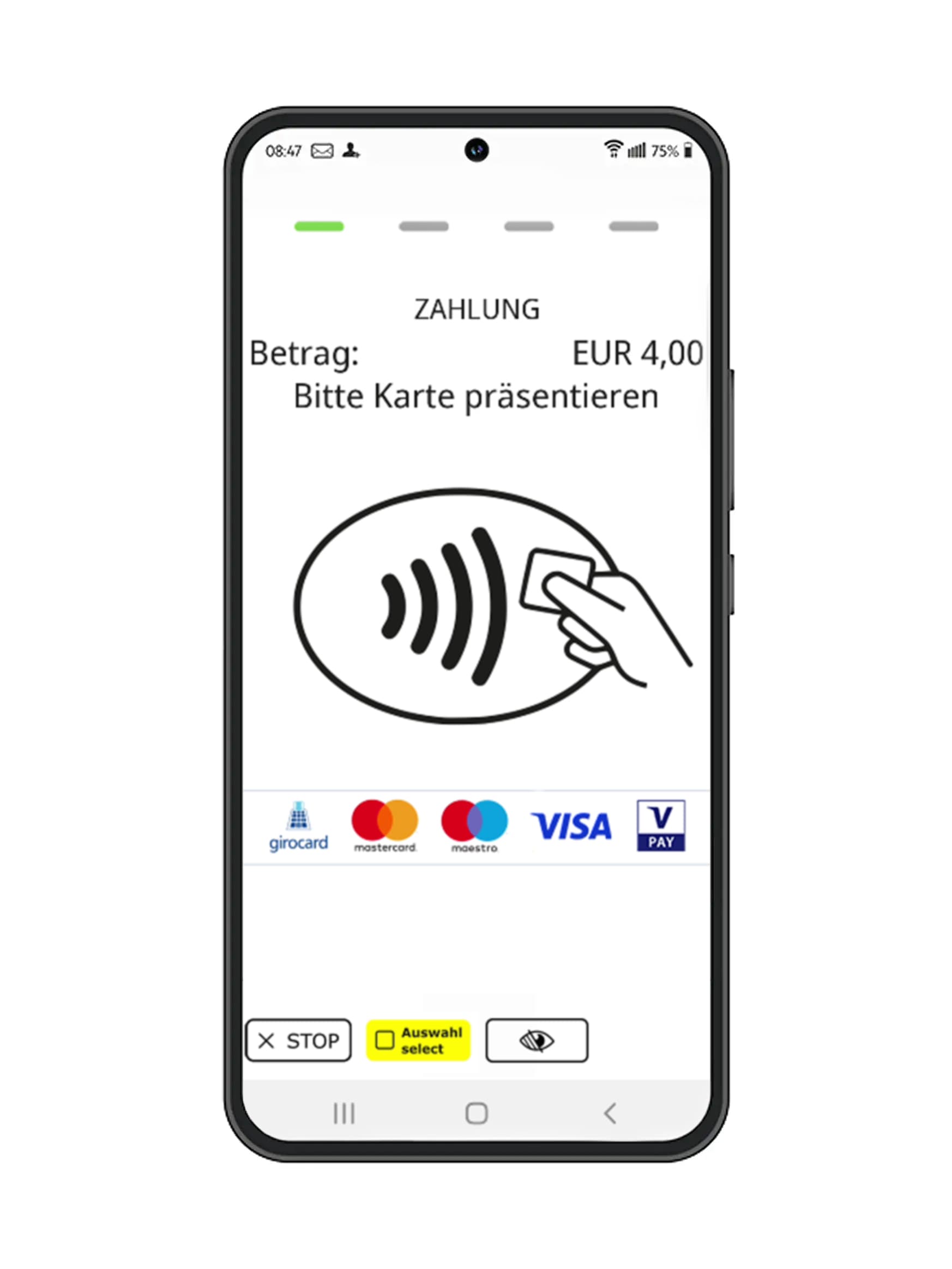 Ein Smartphone-Display zeigt eine Zahlungsaufforderung über 4 Euro mit dem Hinweis, die Karte kontaktlos zu präsentieren. Unter dem NFC-Symbol werden unterstützte Zahlungsmethoden wie girocard, Mastercard, Maestro, Visa und V Pay angezeigt.