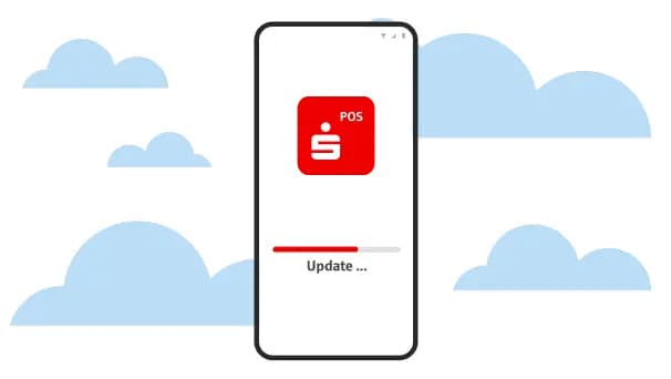 Smartphone mit Sparkassen POS-App-Logo auf dem Bildschirm. Darunter ein Fortschrittsbalken mit der Beschriftung ‚Update …‘, im Hintergrund blaue Wolkenillustration.